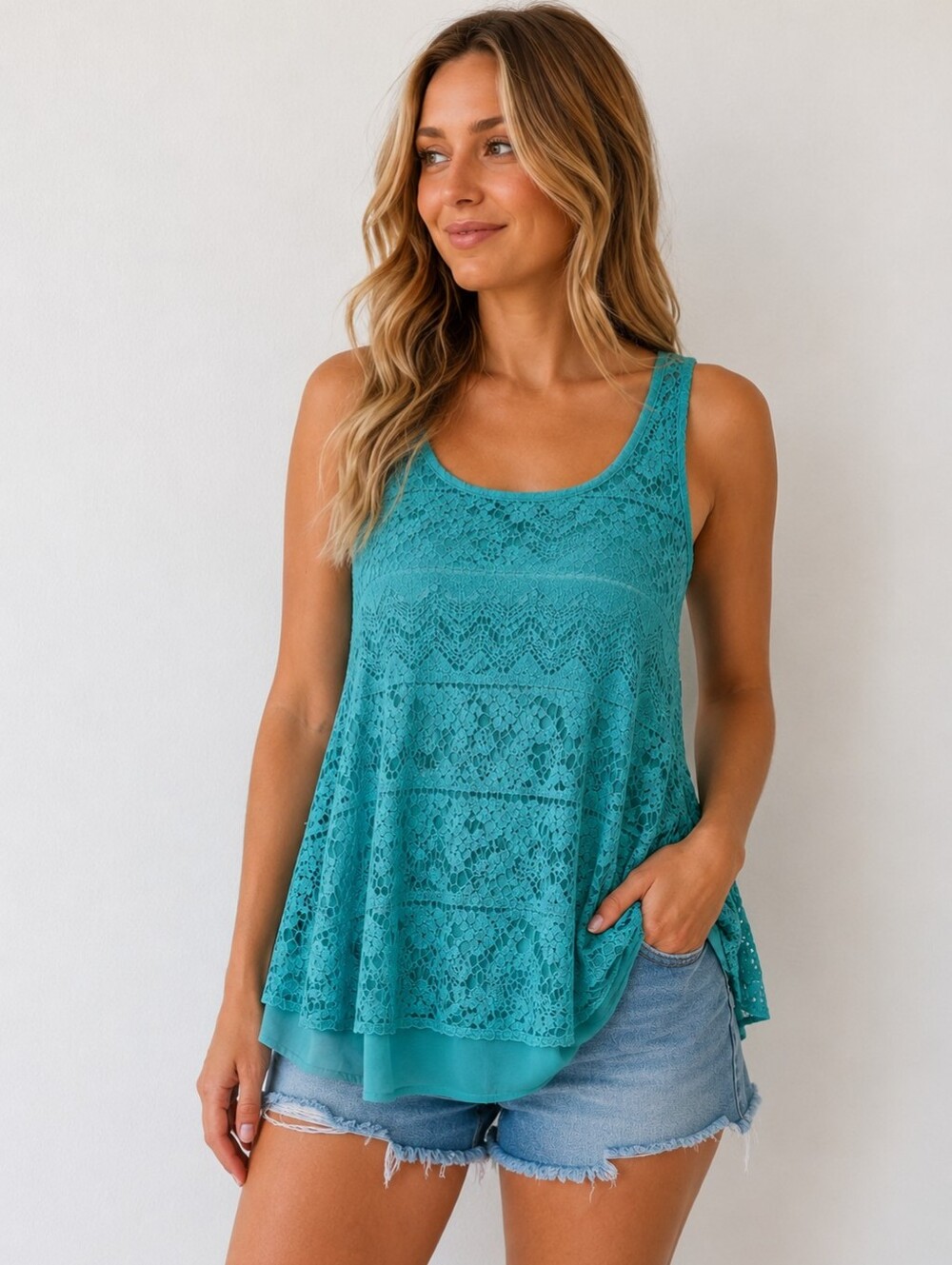 Sleeveless Lace Overlay Tank Top - Teal